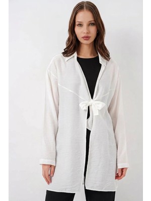 Kadın Gömlek Yaka Bağcıklı Viskon Beyaz Kimono