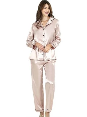 Mor AVM Pudra Ikili Saten Gecelik Pijama Takımı 7647