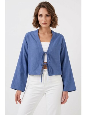 Kadın V Yaka Önden Bağlamalı Önü Keten Indigo Kimono