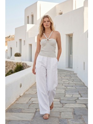 Lupinn Kadın Çizgili Bluz Halter Yaka Askılı Crop Top Yazlık Şık Günlük Tatil Kombin Beyaz Siyah
