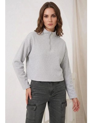 Kadın Fermuarlı Yaka Pamuklu Gri Sweatshirt