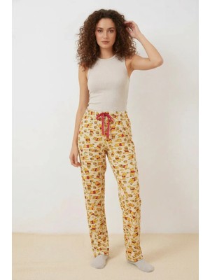 Kadın Beli Büzgülü Desenli Krem Pijama Altı
