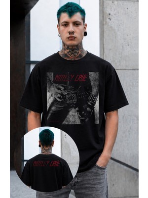 Fuddy Moda Unisex Mötley Crüe Albüm Kapağı Ense Baskılı Bisiklet Yaka Tişört, Oversize Rock Band Temalı Tshirt