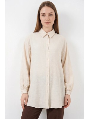 Kadın Gömlek Yaka Dokulu Oversize Viskon Krem Tunik