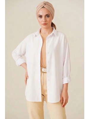 Kadın Oversize Basic Pamuklu Beyaz Tesettür Gömlek