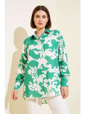 Kadın Basic Oversize Çiçek Desenli Viskon Yeşil Gömlek