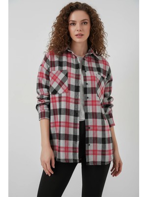 Kadın Oversize Ekose Desenli Pamuklu Nar Gömlek