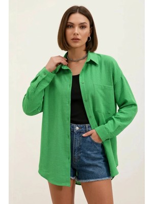 Kadın Tek Cepli Oversize Viskon Yeşil Gömlek