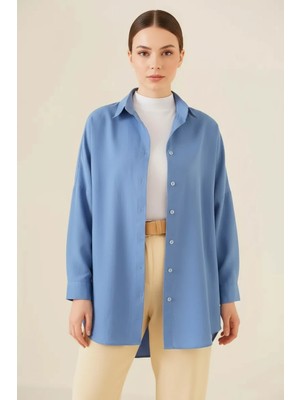 Kadın Oversize Basic Pamuklu Indigo Tesettür Gömlek