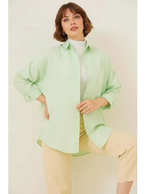 Kadın Oversize Kesim Basic Pamuklu Çağla Yeşili Tesettür Gömlek