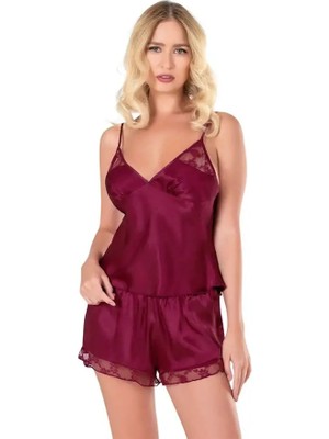 Mor AVM Bordo Saten Babydoll Şort Takımı