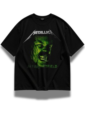 Fuddy Moda Unisex Metallica Jaymz Hetfield Baskılı Bisiklet Yaka Tişört, Oversize Rock Band Temalı Tshirt