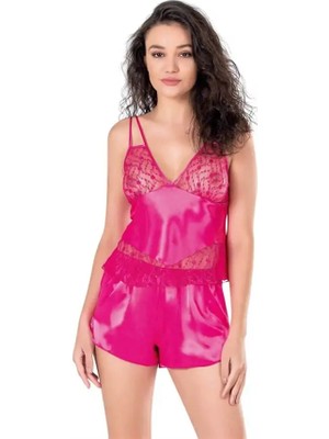 Mor AVM Fuşya Saten Babydoll Şort Takımı