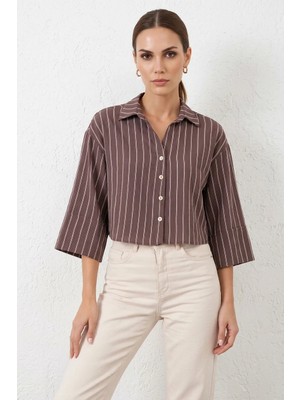 Kadın Oversize Çizgili Viskon Kahverengi Gömlek
