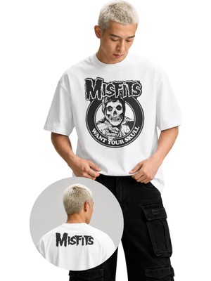 Fuddy Moda Unisex Misfits Want Your Skull Ense Baskılı Tişört, Oversize Rock Band Temalı Bisiklet Yaka Tshirt