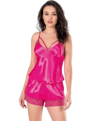 Mor AVM Fuşya Saten Babydoll Şort Takımı