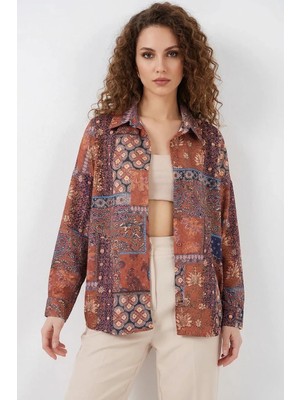Kadın Oversize Desenli Saten Kiremit Gömlek