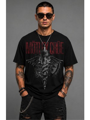 Fuddy Moda Unisex Mötley Crüe Dr. Feelgood Baskılı Bisiklet Yaka Tişört, Oversize Rock Band Temalı Tshirt