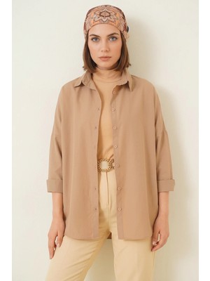 Kadın Oversize Kesim Basic Pamuklu Camel Tesettür Gömlek