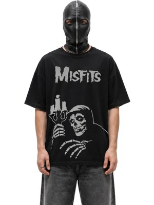 Fuddy Moda Unisex Oversize Rock Band Misfits Skull Baskılı Bisiklet Yaka Tişört