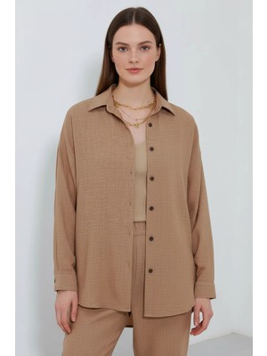 Kadın Oversize Viskon Camel Takım