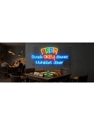 Dekoraven Burada Okey Dönmez Muhabbet Döner Neon LED Tabela | Dekoratif Işıklı Duvar YAZISI(80X45CM)