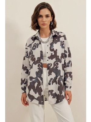 Kadın Basic Oversize Desenli Pamuklu Siyah Gömlek
