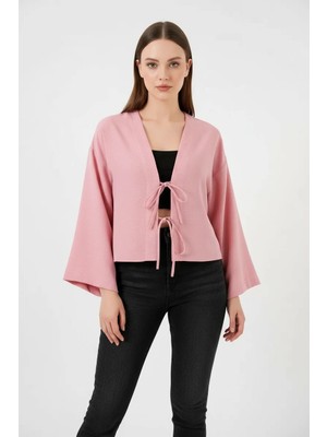 Kadın V Yaka Önden Bağlamalı Önü Keten Pudra Kimono