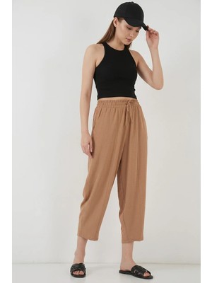 Kadın Yüksek Bel Keten Camel Pantolon