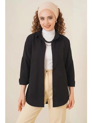 Kadın Oversize Kesim Basic Pamuklu Siyah Tesettür Gömlek