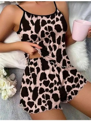 Mor AVM Leopar Desenli Askılı Şortlu Pijama Takımı