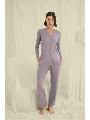 Mor AVM Uzun Kollu Boydan Düğmeli V Yaka Pijama Takımı