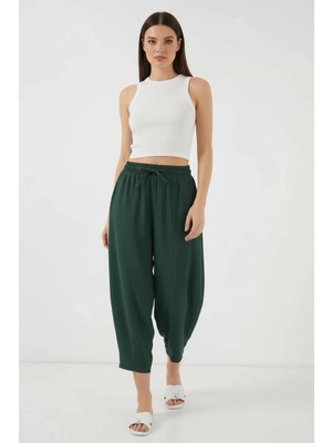 Kadın Yüksek Bel Kuşaklı Keten Zümrüt Yeşili Pantolon