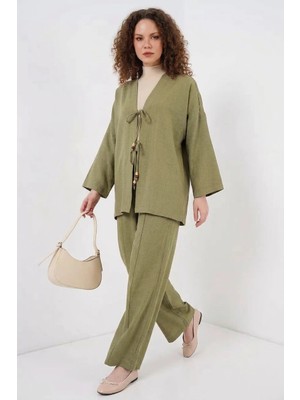 Kadın Kimono Yaka Viskon Çağla Yeşili Ikili Takım