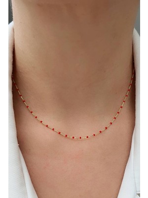 Ose Shop Kırmızı Mineli 925AYAR Gümüş Üzerine Altın Kaplama Asansörlü Zincir Kolye Max Boy 60 cm
