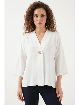 Kadın V Yaka Oversize Kısa Kol Beyaz Kimono