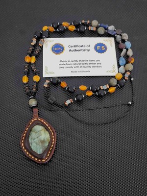 Tahrastone El Işçiliği Deri Detaylı Labradorit-Damla Kehribar-Lal Garnet -Lapis Lazuli -Sodalit-Kaplangözü-Labradorit-Lav Taşı-Hematit Doğaltaş Kolye Takı Aksesuar Erkek Kolye