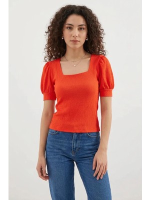 Kadın Kare Yaka Kısa Kol Kabarık Oranje Bluz