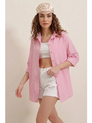 Kadın Oversize Basic Pamuklu Pembe Gömlek