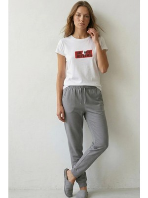 Elemge %100 Pamuk Compact Tok Penye Süprem Kadın 2'li Pijama Takımı Rahat Kalıp Kısa Kol Cepli Ipli Gri Byz