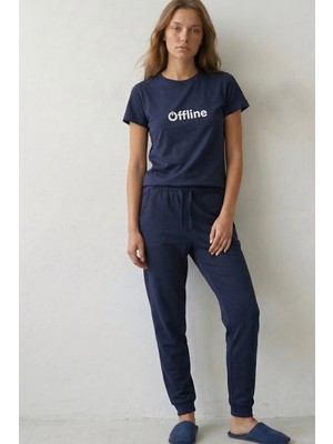 Elemge %100 Pamuk Compact Tok Penye Süprem Kadın 2'li Pijama Takımı Rahat Kalıp Kısa Kol Cepli Ipli Lacvert