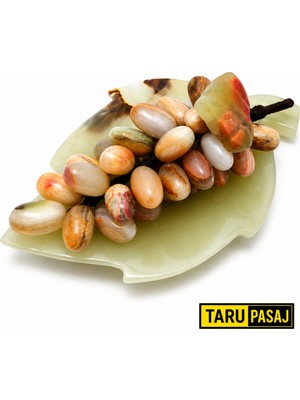 Taru Pasaj Doğal Oniks Taş Yaprak Tabak & 30 Taneli Üzüm Salkımı – Feng Shui Dekor Objesi