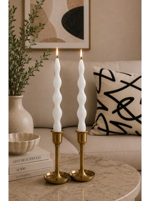 Premium Modern Burgu 2' Li Şamdan Mum Seti Beyaz 25 cm