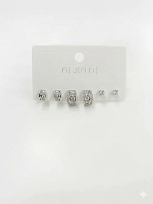 Rodyum Zirkon Taşlı Pirinç Altılı  Kombin Küpe - KP00587