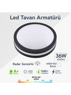 Badem10 Radar Sensörlü LED Tavan Armatürü 36W 4550 Lm 6500K Beyaz Işık 28 cm Hareket Sensörlü