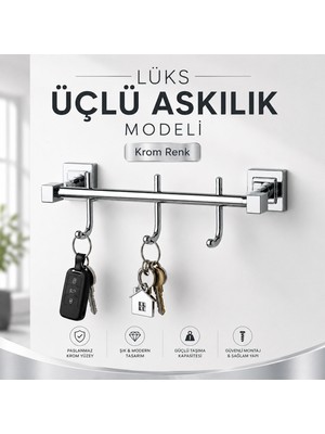 Badem10 Lüks Üçlü Kanca Askılık Krom Duvar Tipi Metal Askı Aparatı Banyo Antre Mutfak Askısı