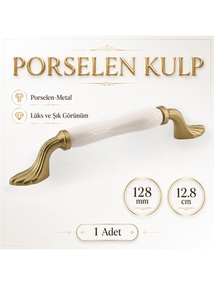 Badem10 Estina Porselen Mat Altın Kulp 128 mm 12.8 cm Mobilya Çekmece Dolabı Dolap Kapak Kulplar Kulb Kulpu