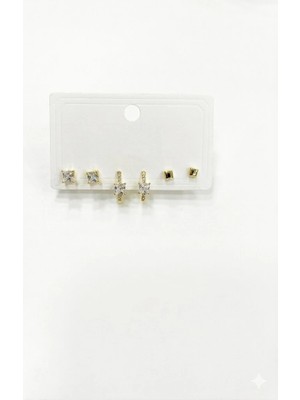 Zirkon Taşlı Pirinç Altılı  Kombin Küpe - KP00572
