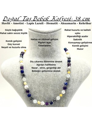 Yıldız Doğal Taş Sertifikalı Doğal Taş Bebek Kolyesi Havlit Ametist Lapis Hematit Akuamarin Kehribar - 38 cm
