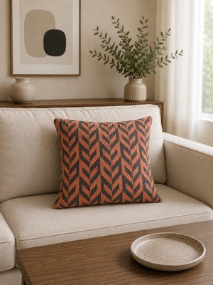 Zigzag Jakarlı Dokuma Kırlent Kılıfı Turuncu 43X43